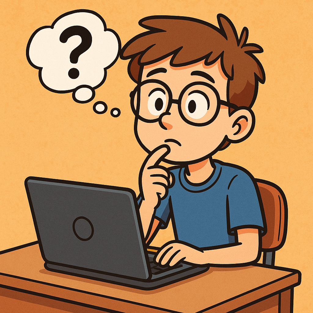 Cartoon of an IT student demonstrating reflection before submission of an assignment. Via ChatGPT.